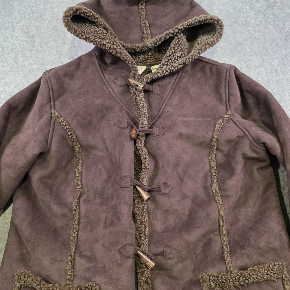 LL Bean Coat Womens XL Brown Faux Fur Lined Hooded Toggle Fleece‎ Parka Jacket - Picture 4 of 13